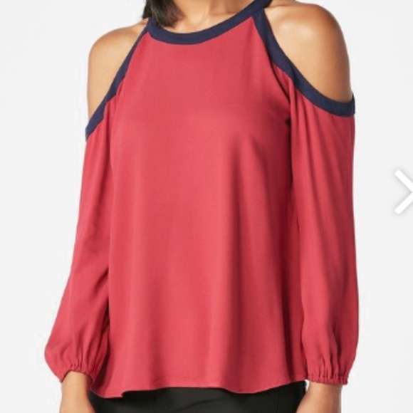XXL -Blocked Cold Shoulder Top. Persian Red Color - Picture 2 of 5